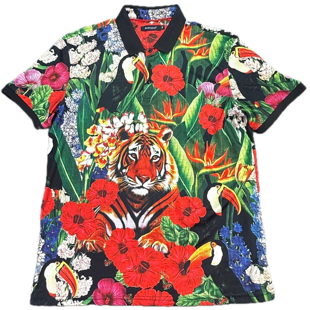 Barabas Polo Shirt Mens XL Multicolor Tropical Tiger Toucan Floral Short Sleeve